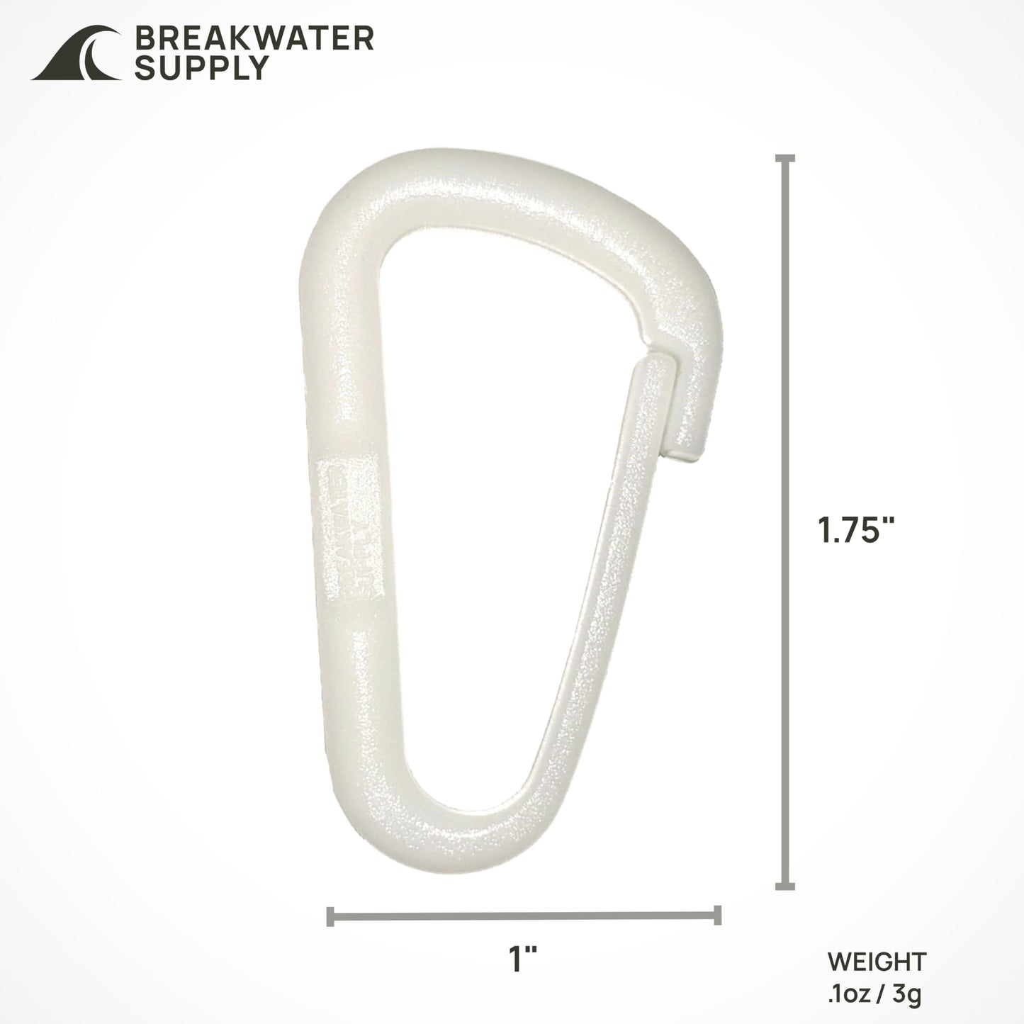 Breakwater Supply™ Hingeless Glow in the Dark Carabiner Hooks 4 Pack, Small 2-inch Gear Attachment Clips for Keys, Water Bottle, Backpack, MOLLE + Ultralight, D-Ring, D-Shape (White with Green Glow)