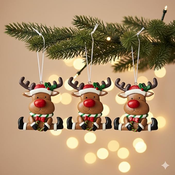 Set of 3 Cute Reindeer Hanging Christmas Tree Ornaments - Hand-Painted Resin Holiday Home Decor & Gift - Durable, Lightweight Xmas Decoration for Family, Friends, Teachers (Deer)