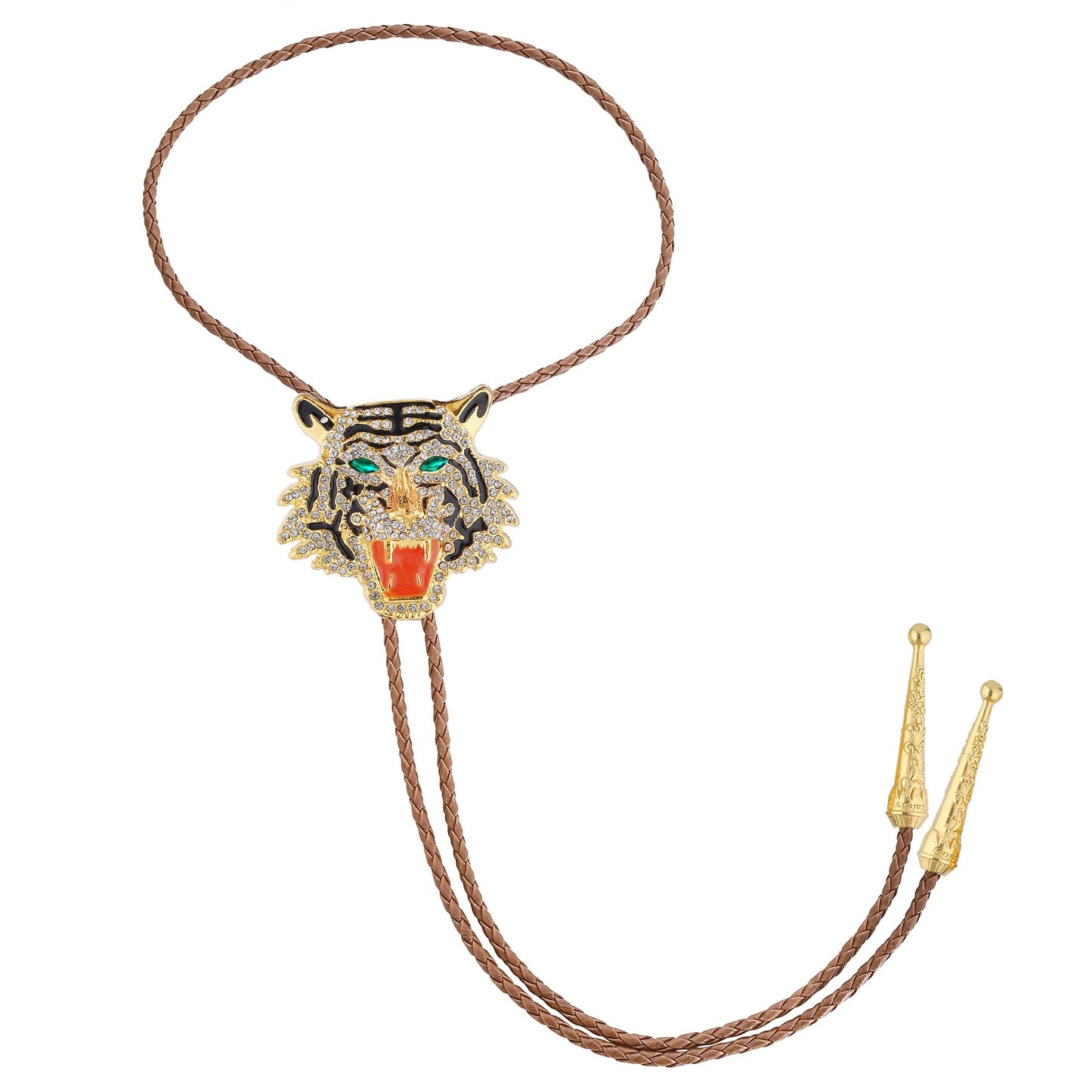 GelConnie Formal Bolo Tie for Men Rhinestone Gold Tiger Head Bola Brown Rope Bolo Tie Wedding Necklace Western Cowboy Necktie