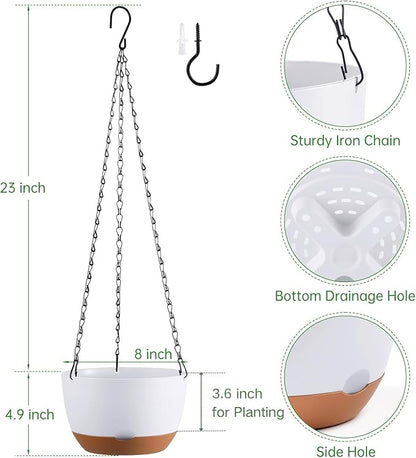 Set of 2 8 Inch Self Watering Hanging Planters for Indoor Outdoor Plants, Color Blocking Hanging Baskets Flower Pots with Drainage Hole & Removable Water-Storage Tray and 20" Chain Hanger