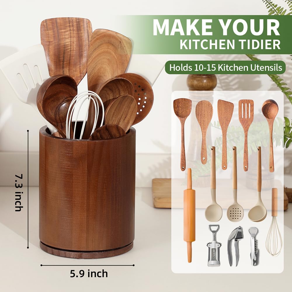gorsent Wooden Utensil Holder, 360°Rotating 7.3'' Large Utensil Holder for Kitchen Counter, Kitchen Utensil Organizer, Utensil Crock, Farmhouse Kitchens Countertop Decor, Walnut-finish