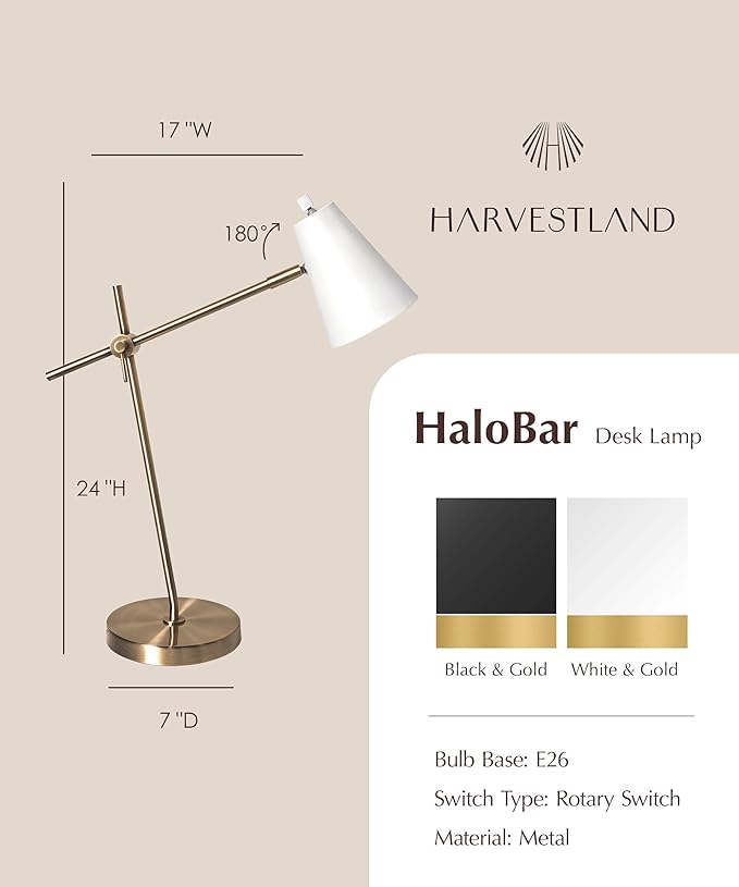 HarvestLand HaloBar Brass Desk Lamp Home Office – White Industrial Table Lamp with Solid Base for Office, Reading Lamps for Bedside Table, Study and Reading Task Lamp