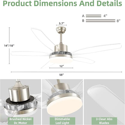 OKELI 58" Smart Ceiling Fan with Light, WiFi Enabled for Alexa & App Control, Reversible Brushed Nickel Modern Ceiling Fan with Dimmable LED Light and Remote, Clear Blades for Living Room Bedroom