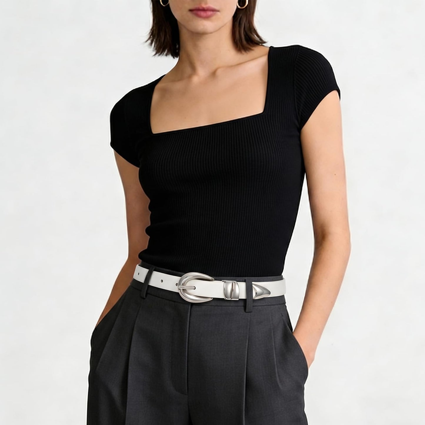 SANATHS Women Leather Belt for Jeans Pants Fashion Ladies Skinny Belt for Dresses Thin Belt with Silver Buckle,White,S