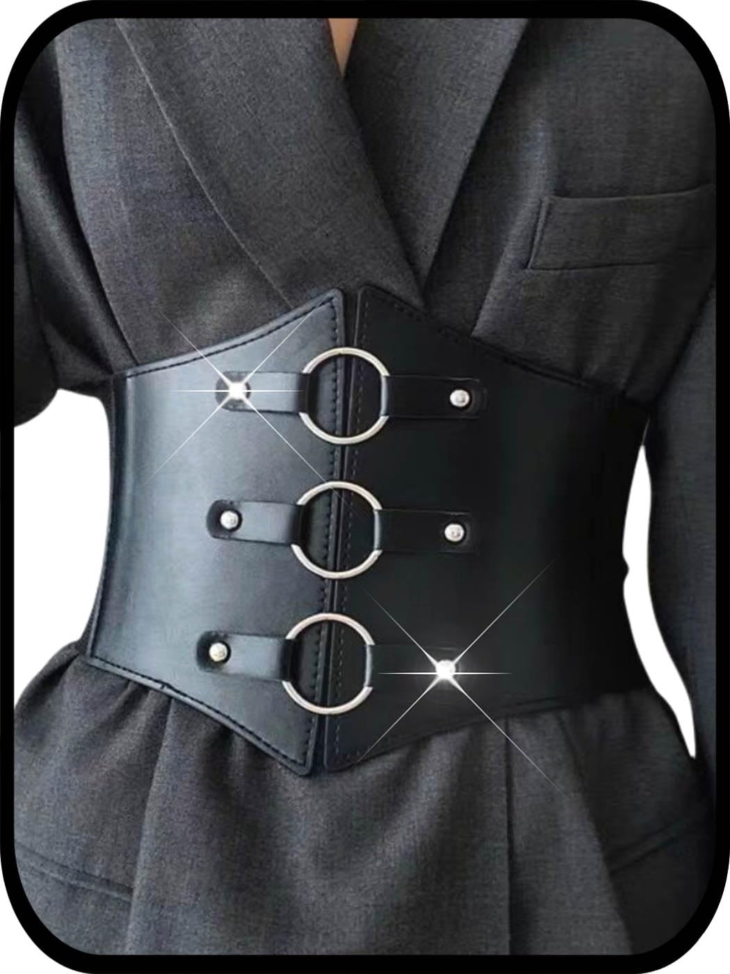 Urieo O-ring Black Corset Belt Leather Elastic Waist Cincher Belts Wide Stretch Halloween Costume Dresses Waspie Belt for Women