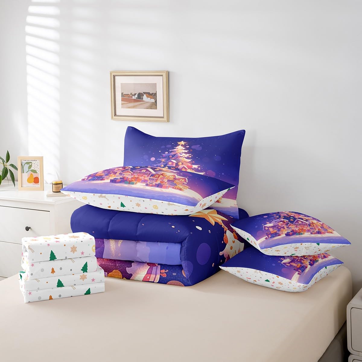 Manfei Merry Christmas 7 Pieces Comforter Set Full,Rustic Cabins Xmas Tree Gift Bedding Set for Bedroom Decor,Snow Winter Outdoor（Comforter+Fitted+Flat Sheet+2 Pillowcases+2 Throw Pillow Covers）