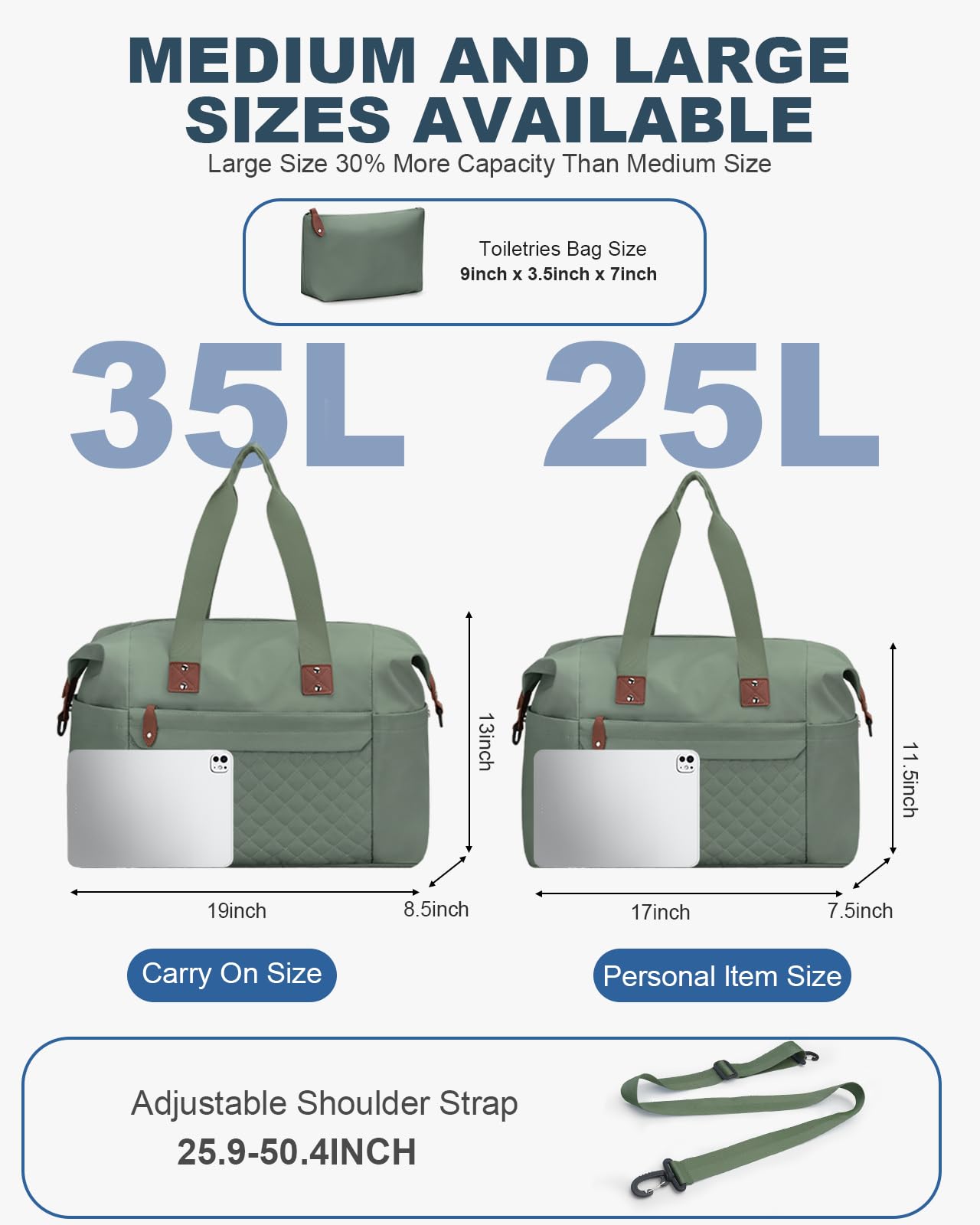 Pritent Travel Duffle Bag, Waterproof Weekender Overnight Hospital Bags for Women Men with Toiletry Bag Lightweight Personal Item Duffle Gym Bag for Travel, Airplanes, Sports(Green, Medium)