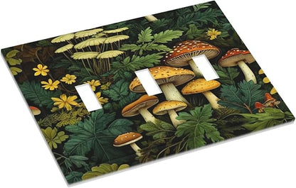 Mushrooms Forest Nature Botanical Art Light Switch Covers 3 Gang Triple Toggle Wall Plate Decorative Switchplate Electrical Faceplate for Farmhouse Living Decor