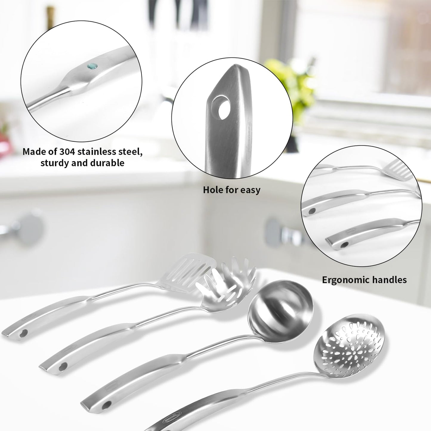 5 Pcs Newness Cooking Utensils Set, 304 Stainless Steel Kitchen Utensils Set, Metal Kitchen Accessories, Include Soup Ladle, Slotted Skimmer Spoon, Spaghetti Spoon and Spatula, Dishwasher Safe
