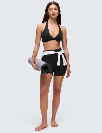 CRZ YOGA Butterluxe Double Lined Twist Halter Sports Bras for Women - Deep V Neck Crop Top Casual Open Back Non Padded Black Medium