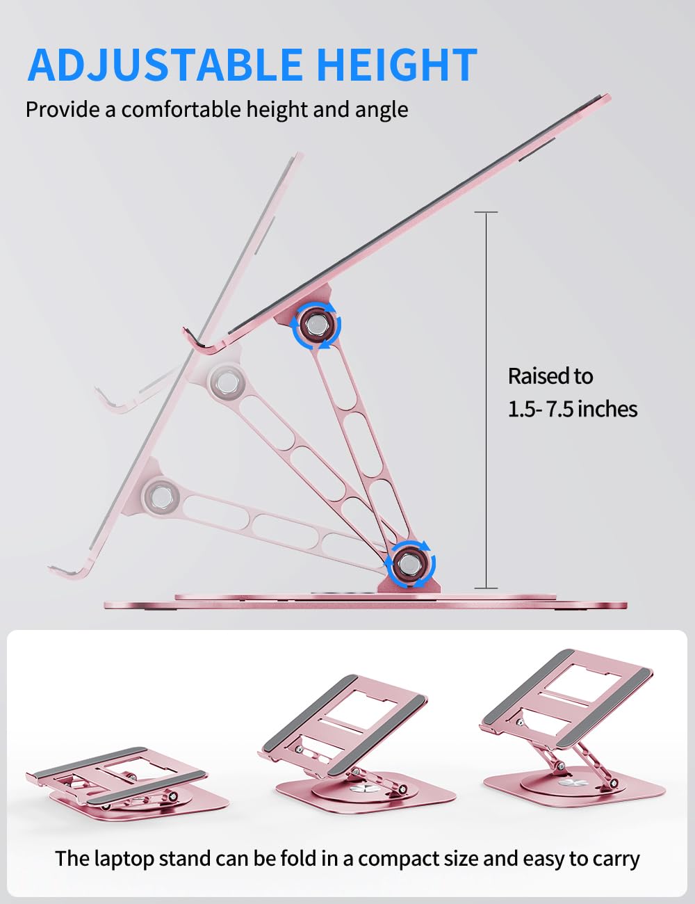 Adjustable Computer Stand with 360 Rotating Base, Ergonimic Foldable Laptop Riser for Desk Compatible with MacBook Pro/Air Notebook up to 16 Inches, Silver