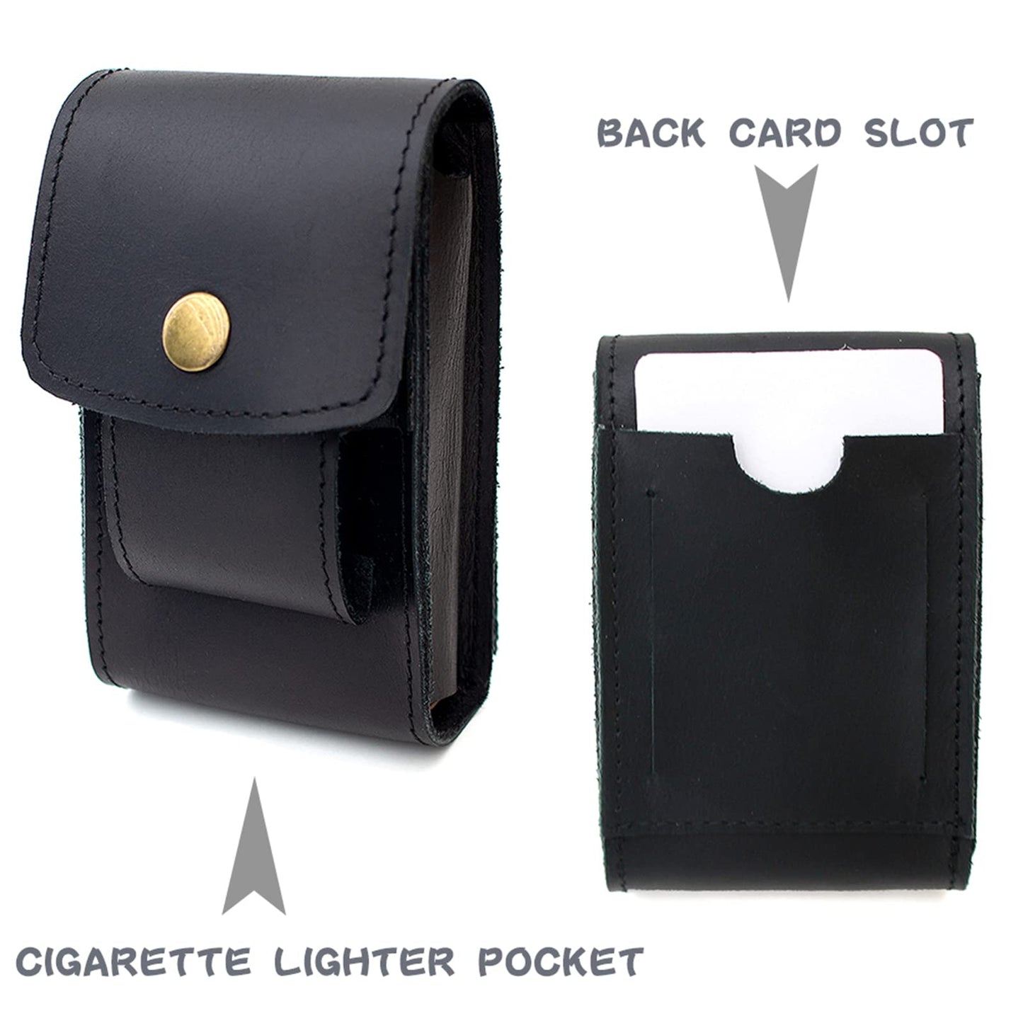 Boshiho Cowhide Leather Cigarette Case with Lighter Holder Tobacco Pouch Best Gift for Men Women (Black)
