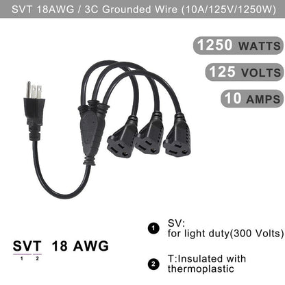 KUNCAN 3-Way Splitter Extension Cord - 3 Prong 1 to 3 Way Power Splitter, 1FT 18AWG 10A/1250W, NEMA 5-15P to 3X NEMA 5-15R Y Style 3-Outlet Extension Cord for Home, Room, Office(Black 1-Pack)