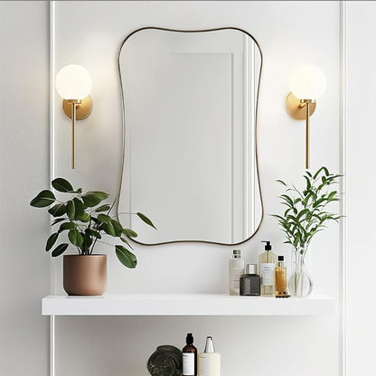ANDY STAR 24x36 Inch Brushed Brass Scalloped Mirror, Modern Gold Bathroom Mirrors with Unique Notched Edges Design in 1 Inch Stainless Steel Frame Wall Mounted Horizontal/Vertical for Home Decor