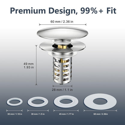 HUAERSICO Pop Up Bathroom Sink Stopper, Universal Bathroom Sink Drain Strainer with Hair Catcher, for 1.1"-2.17" Drains, Brass Core & Stainless Steel Mesh