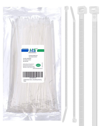 HS Long Zip Ties 12 Inch Clear 0.19" Nylon Cable Ties Heavy Duty 50 Lbs Strength Strong for Privacy Fence Outdoor,Electrical Plastic Tie Straps Weather Resistant 100 Pcs White