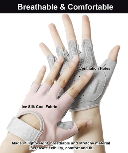 SUJAYU Workout Gloves for Women & Men, Anti-Slip Fingerless Gloves for Weightlifting, Gym, Fitness, Cycling (Pink, Large)