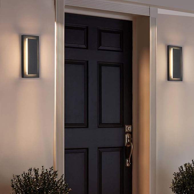 tewei Outdoor Wall Light Fixture & Indoor Wall Sconce Lighting 11.8''Mini Black Modern Rectangular Exterior Wall Sconce, 360° Beam Angle, 3000K Warm White Porch Light for Entrance, Hallway (1 Pack)