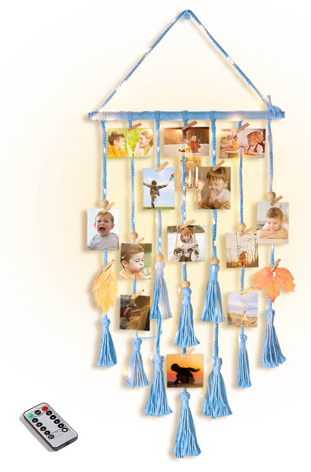 Homecor Hanging Photo Display Wall Decor, Blue Macrame Hanging Boho Room Bedroom Decor, Picture Frame Collage with Light & 30 Clips, Christmas Teenage Teen Girl Gifts Ages 10 11 12 13 14 Years Old