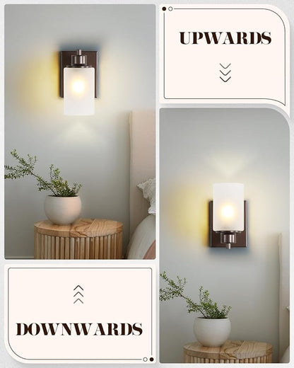 2 Pack Wall Sconces Bathroom Lights, Indoor Bath Vanity Light Fixtures for Living Room Porch Bedside, Oil Rubbed Bronze with White Frosted Glass Shades Wall Mounted Lights, Twin