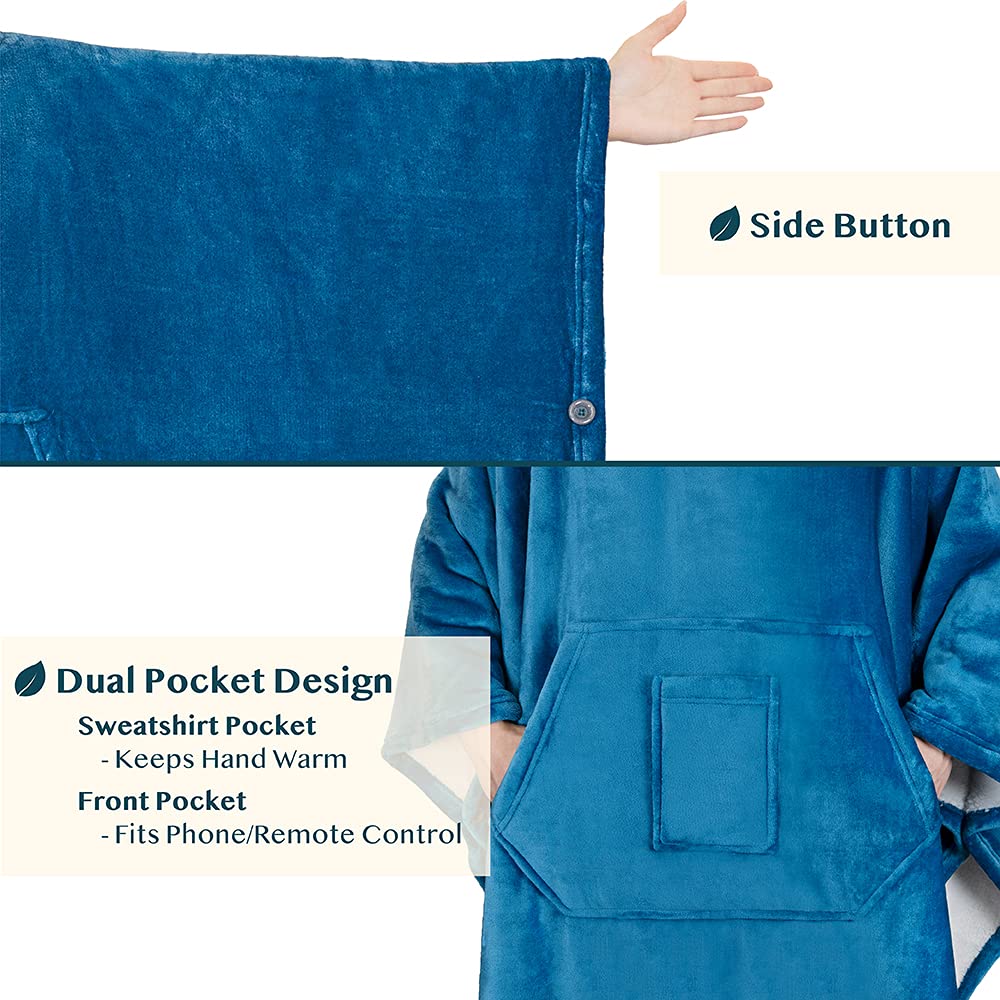 PAVILIA Sherpa Wearable Blanket Poncho for Women Men, Oversized Hoodie Sweatshirt Poncho Blanket, Hooded Sweater Wrap Cape Neck Warmer, Fleece Soft Hug Sleep Pod Adult, Cozy Warm Gift Ideas, Teal Blue