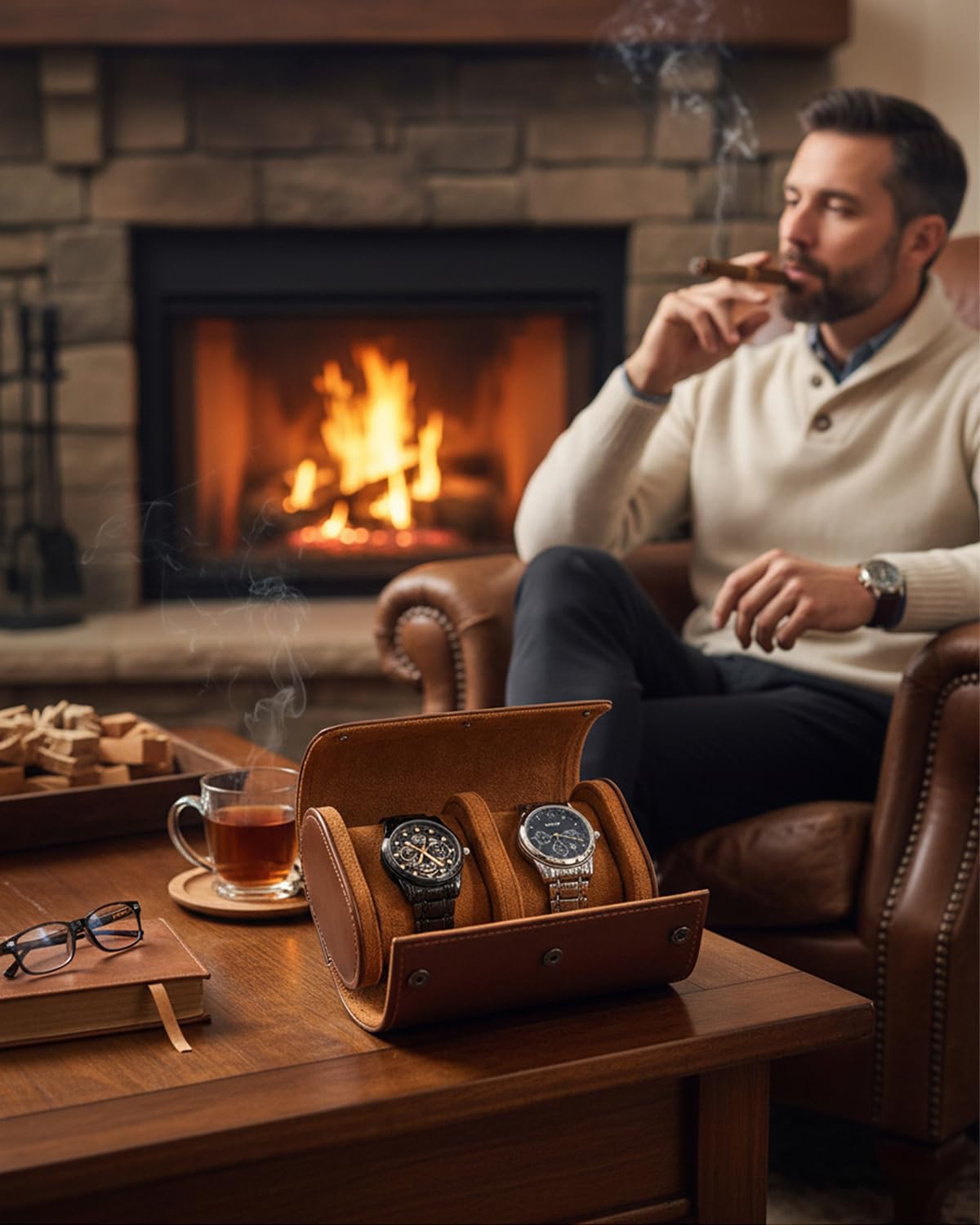 MR.OKAY 2 Watch Travel Case-Classic Leather Watch Case With Superb Texture.Portable Watch Roll Or Organizer For Storage And Display. Best Travel Gift for Men,All Handcrafted By Artisans.