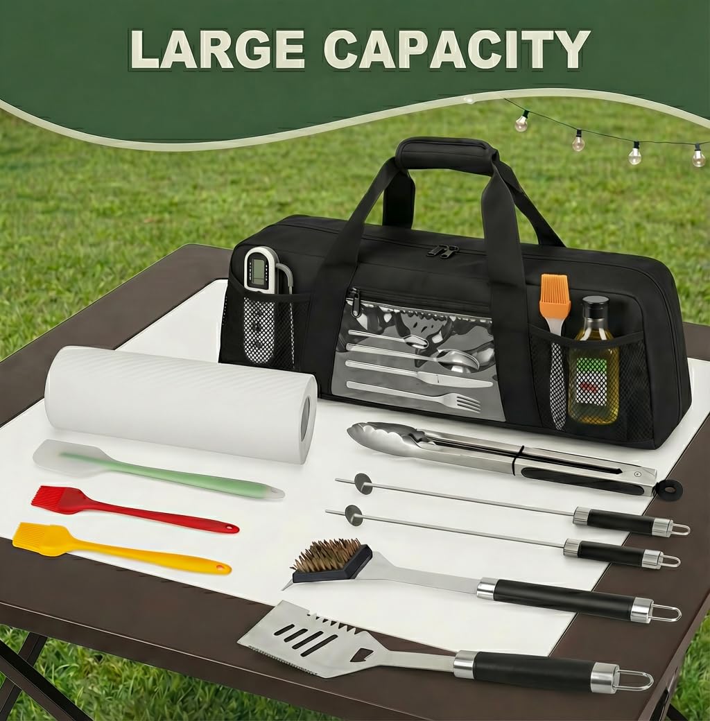 Chrysoippotis Grill Utensil Storage Bag, Large Grill Tool Storage Caddy with Pockets, BBQ Outdoor Tool Storage Bag for Grilling, Camping, Picnic Accessories (22" L×6.5" W×7.2" H, Bag Only)