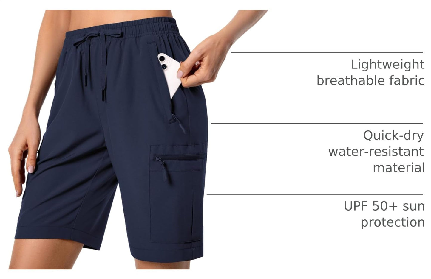 Hugut Women's Lightweight Hiking Cargo Shorts Quick Dry Athletic Shorts Camping Travel Golf Zipper Pockets Water Resistant Navy
