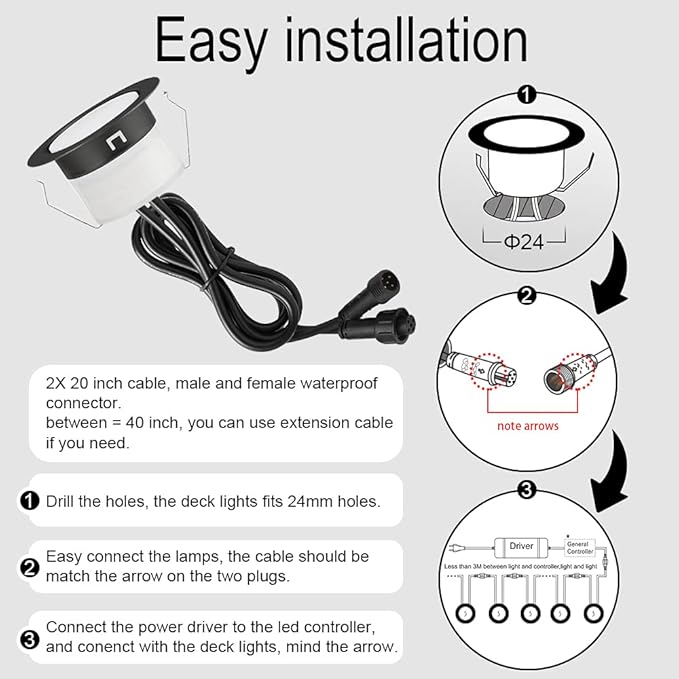 FVTLED Low Voltage Recessed RGBW Deck Light, 50pcs Φ1.22 RGB & Warm White Stainless Steel Waterproof Outdoor Step Lighting In-ground Landscape Pathway Patio Stair Decor Lamp, Black