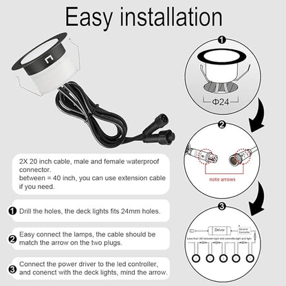 FVTLED Low Voltage Recessed RGBW Deck Light, 6pcs Φ1.22 RGB & Warm White Stainless Steel Waterproof Outdoor Step Lighting In-ground Landscape Pathway Patio Stair Decor Lamp, Black