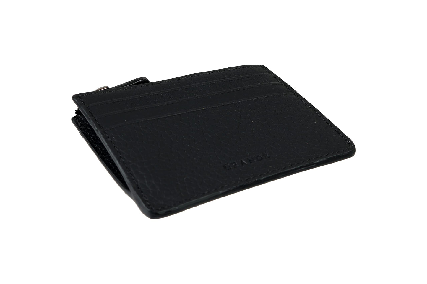 grande 3603 Genuine Leather Card Holder For Women and Men Slim Minimalist Small Zipper Wallet (BLACK)
