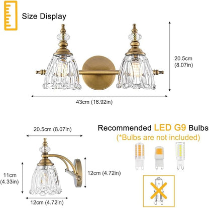 Brass Vanity Light, Farmhouse Brushed Gold Bathroom Light Fixtures, 2 Light Bathroom Vanity Lights, Flower Glass Shade Wall Sconce Lighting