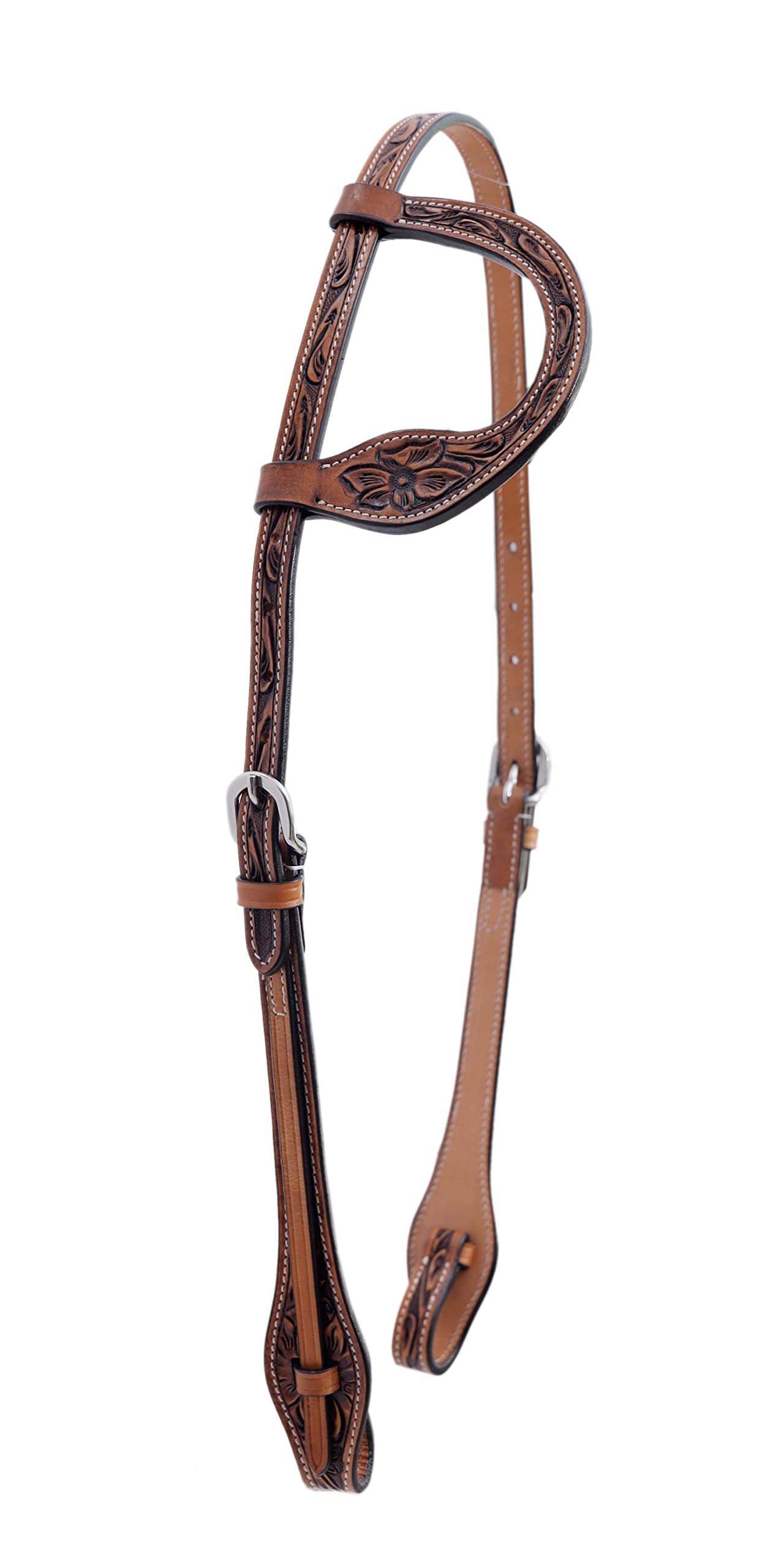 Majestic Ally Horse Headstall, Natural, Super Leather, Antique, Tooling, Quick Bit Change Western Headstall (Single Ear, Full)
