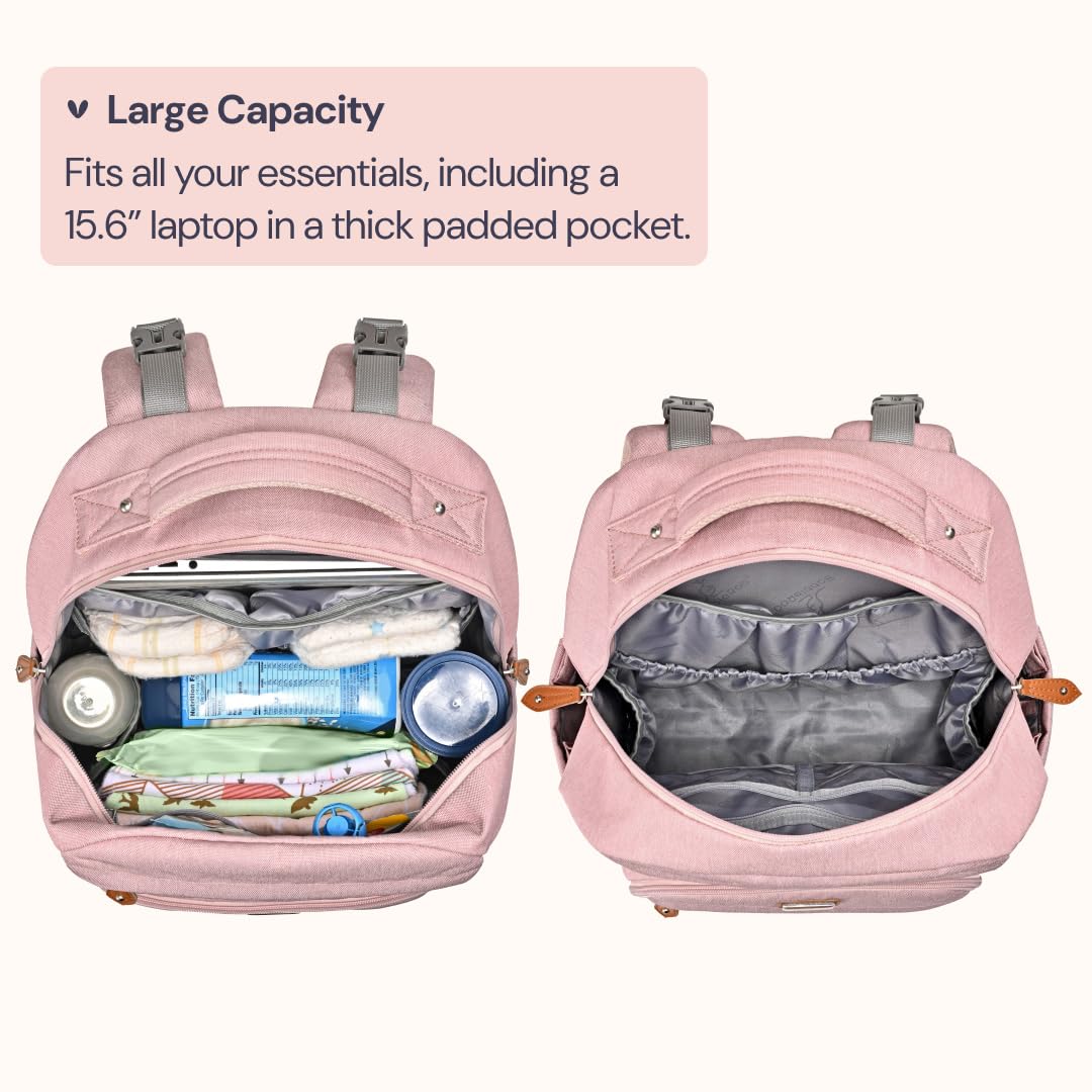 BabbleRoo Diaper Bag Backpack - Travel Large Baby Diaper Bag with Changing pad, Waterproof Baby Bags for Mom & Dad, Unisex Bags with Pacifier Case, Luggage Strap & Stroller Clips– Pink
