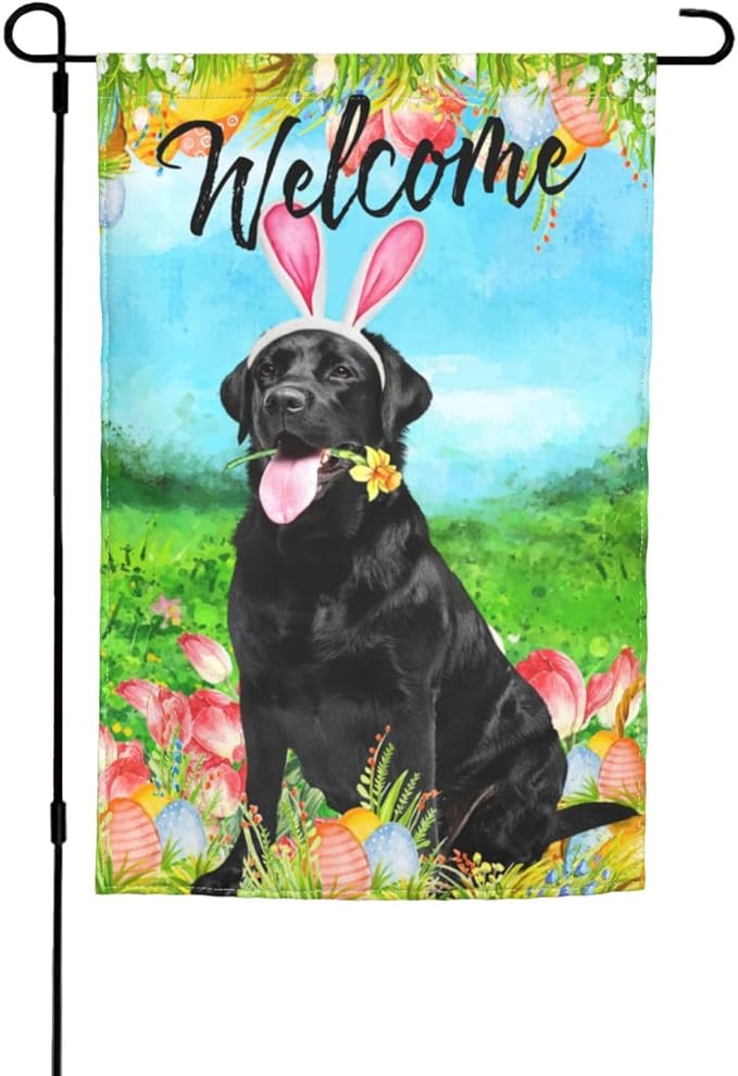 Labrador Black Tulips Cute Lab Dog Happy Easter Garden Flag Welcome Party Outdoor Outside Decorations Picks Home House Garden Yard Decor 12x18 Inch