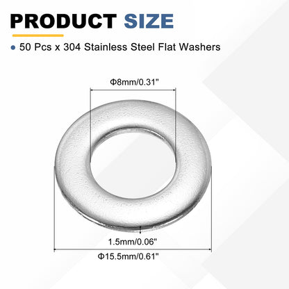 PATIKIL M8 304 Stainless Steel Flat Washer, 50 Pcs 8mm ID 15.5mm OD 1.5mm Thick Metric Washers Metal Sealing Gasket Ring for Screws Bolts Factories Home Outdoor Projects