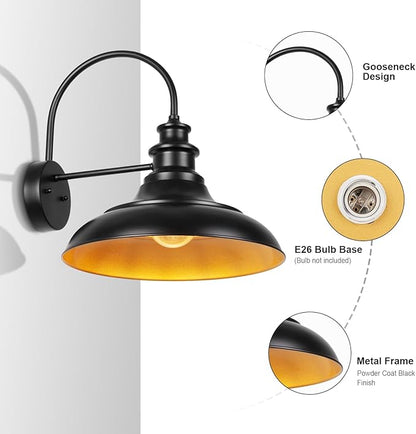 Outdoor Barn Light Fixtures, 16 Inch Large Dome Farmhouse Exterior Wall Mount Lights, Rustic Gooseneck Wall Sconces Indoor Wall Lighting, Industrial Black Gold Lanterns for Porch, Garage, 2 Pack