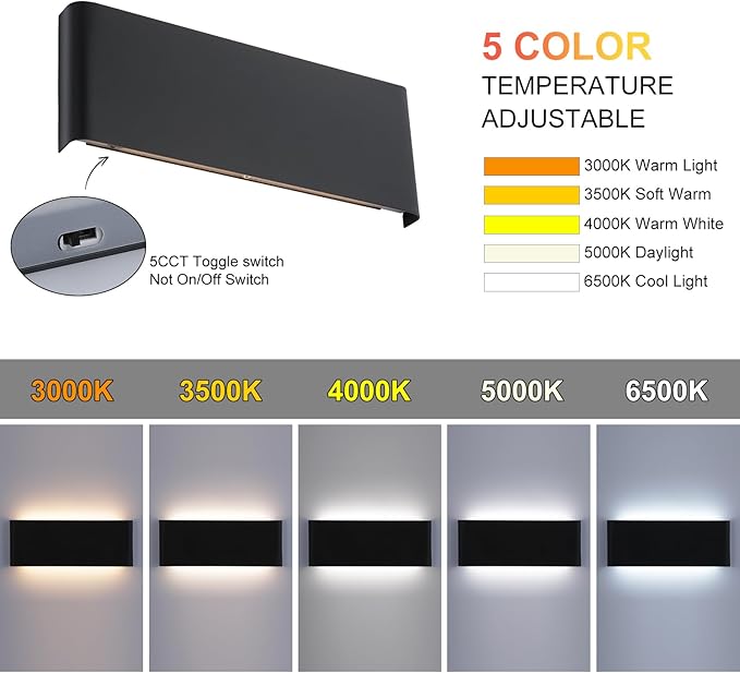 11"Modern LED vanity light,15W Dimmable 5 CCT (3000K-6500K) Adjustable Wall Lamp,Up and Down Wall Lighting,Indoor Wall Sconce for Bedroom,Staircase,Hallway,Dressing Table, 2Pack（Black）