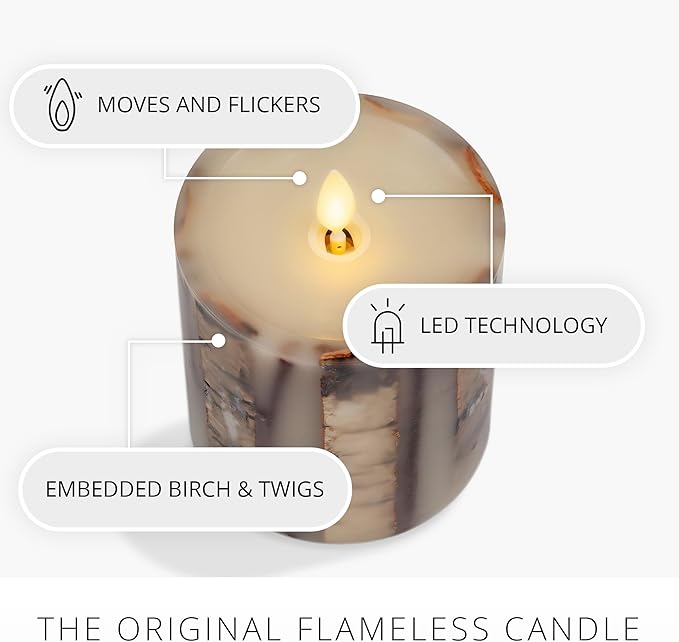 Luminara Embedded Birch Twigs Flameless LED Candle, 3.5" x 4.5", Moving Flame Real Wax Unscented, Battery Operated, Decorative Home Lighting Safe