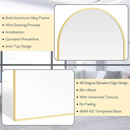 20" x 30" Gold Arched Mirror, Arch Bathroom Vanity Wall Mirror, Modern Aluminum Alloy Metal Frame Arch Mirror for Bathroom, Living Room, Bedroom, Entryway