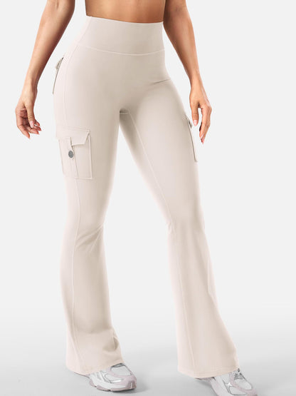 YEOREO CoreFlex Women Workout Flare Leggings with Pockets Hidden Scrunch Cargo Gym Yoga No Front Seam Leggings Light Khaki M