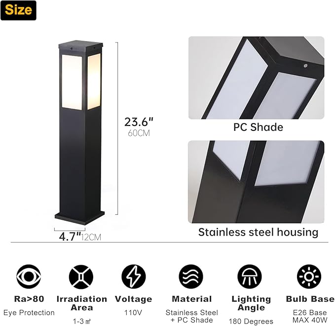 Outdoor Landscape Path Light E26 Bollard Lighting Fixture IP54 Waterproof Pathway Light with Stainless Steel Garden Floor Lamp Outdoor Walkway Lights for Lawn Courtyard Driveway Decoration