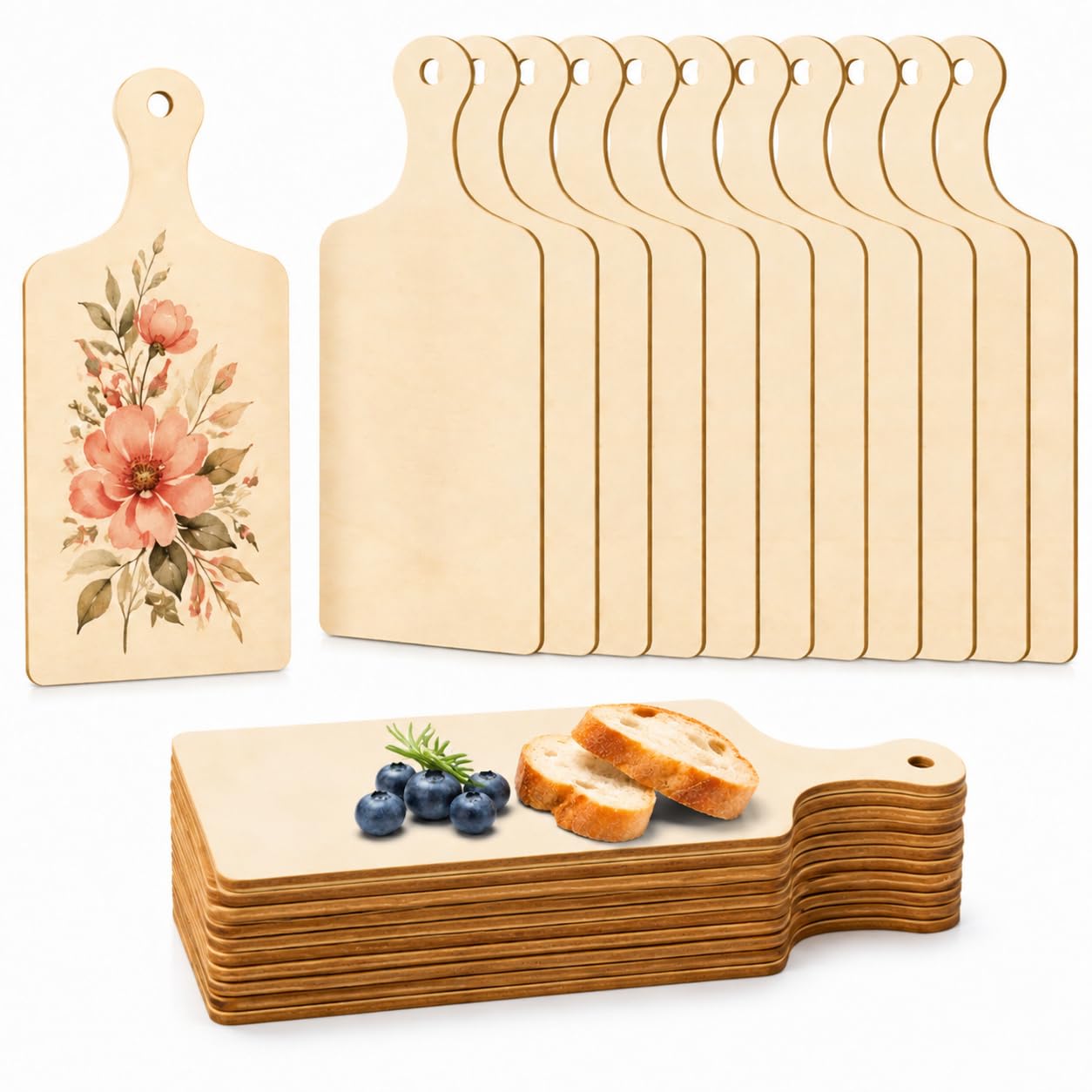 Oomcu Wooden Mini Cutting Board with Handle,Rectangle Unfinished Wood Craft Paddle Serving Tray Chopping Board Cutout for DIY Thanksgiving Christmas Home Kitchen Cooking Decor (9.4 x 3.5 Inch-24 Pcs)