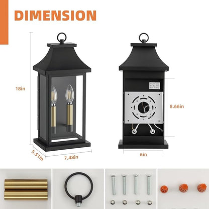 tewei 18'' Outdoor Wall Lights, Porch Light Outdoor Wall Sconce Lantern, 2-Light Black Exterior Lighting Fixture Wall Mount E12 Gold Base, Outside Light for House Backyard Garage, 2-Pack