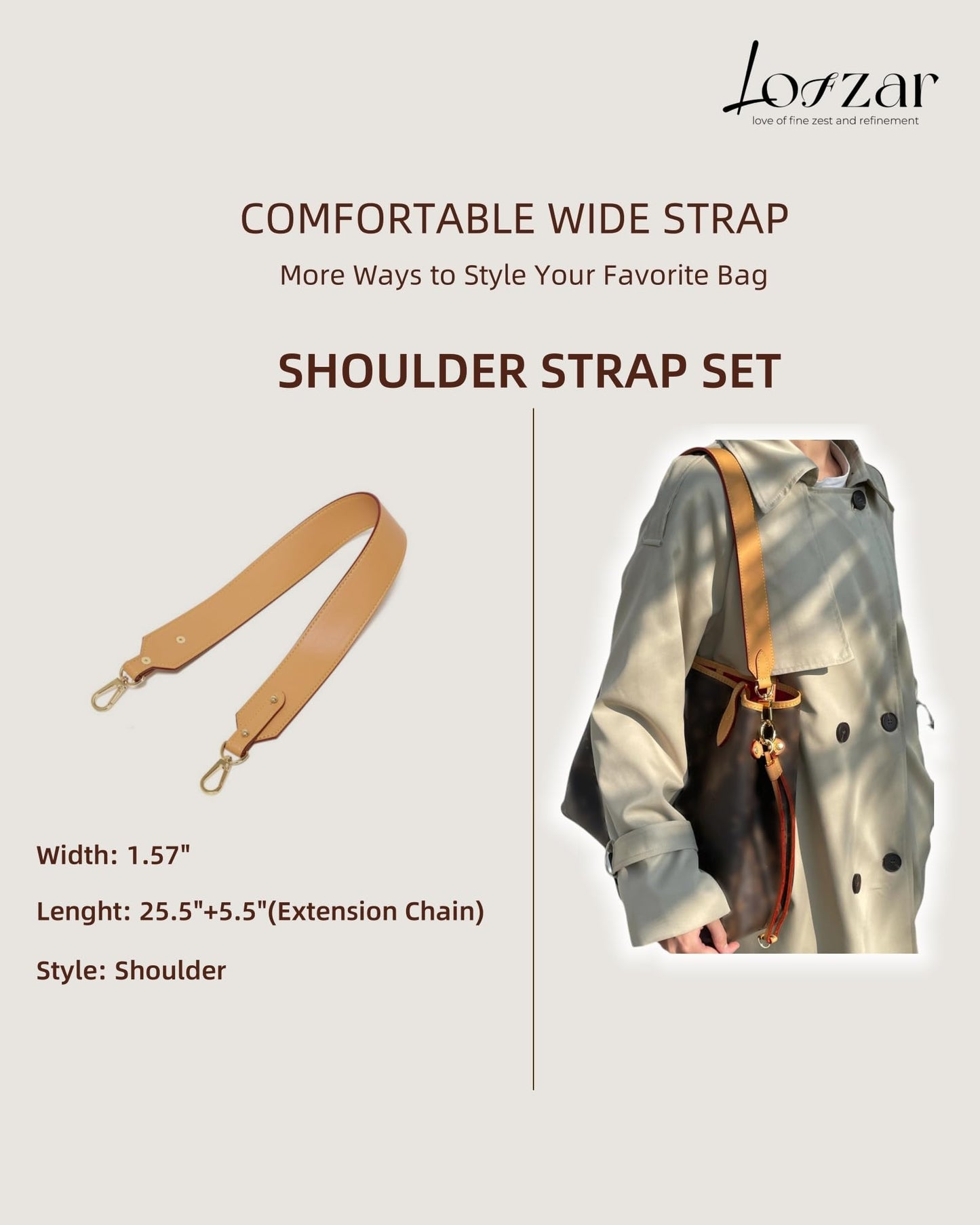 LOFZAR Wide Vachetta Leather Replacement Bag Strap, Fits Neverfull PM/MM/GM Graceful and More (25.5" L, Beeswax)