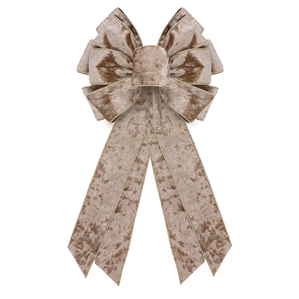 CHMOART Christmas Wreath Bow 20 x 11 Inches Large Christmas Bows Golden Trimmed Champagne Velvet Bow Winter Farmhouse Bow Xmas Tree Topper Bow for Home Front Door Decorations