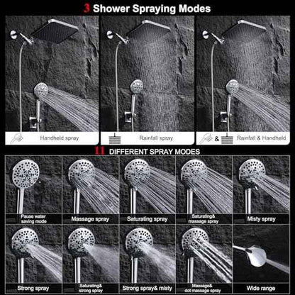 14''Rainfall Shower Head with Handheld-11Modes Hand held with Power Jets, Adjustable Rain Showerhead,Double Shower heads High Pressure,70"Hose&detachable Holder Upgrade for Tandem Bathroom