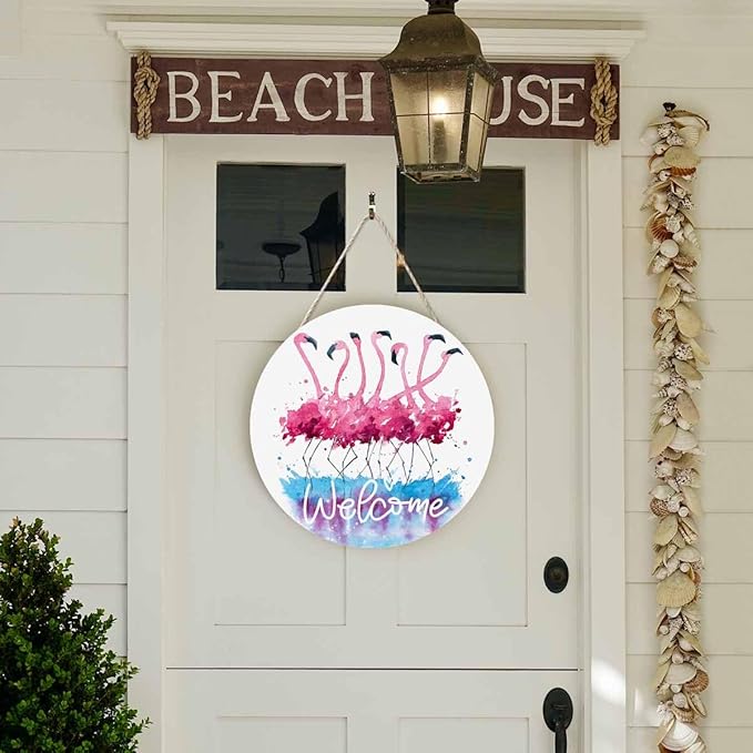 12in Welcome Door Hanger Door Sign Watercolor Pink Flamingo Wood Panel Sign Home Porch Farmhouse Outdoor Indoor Festival Present