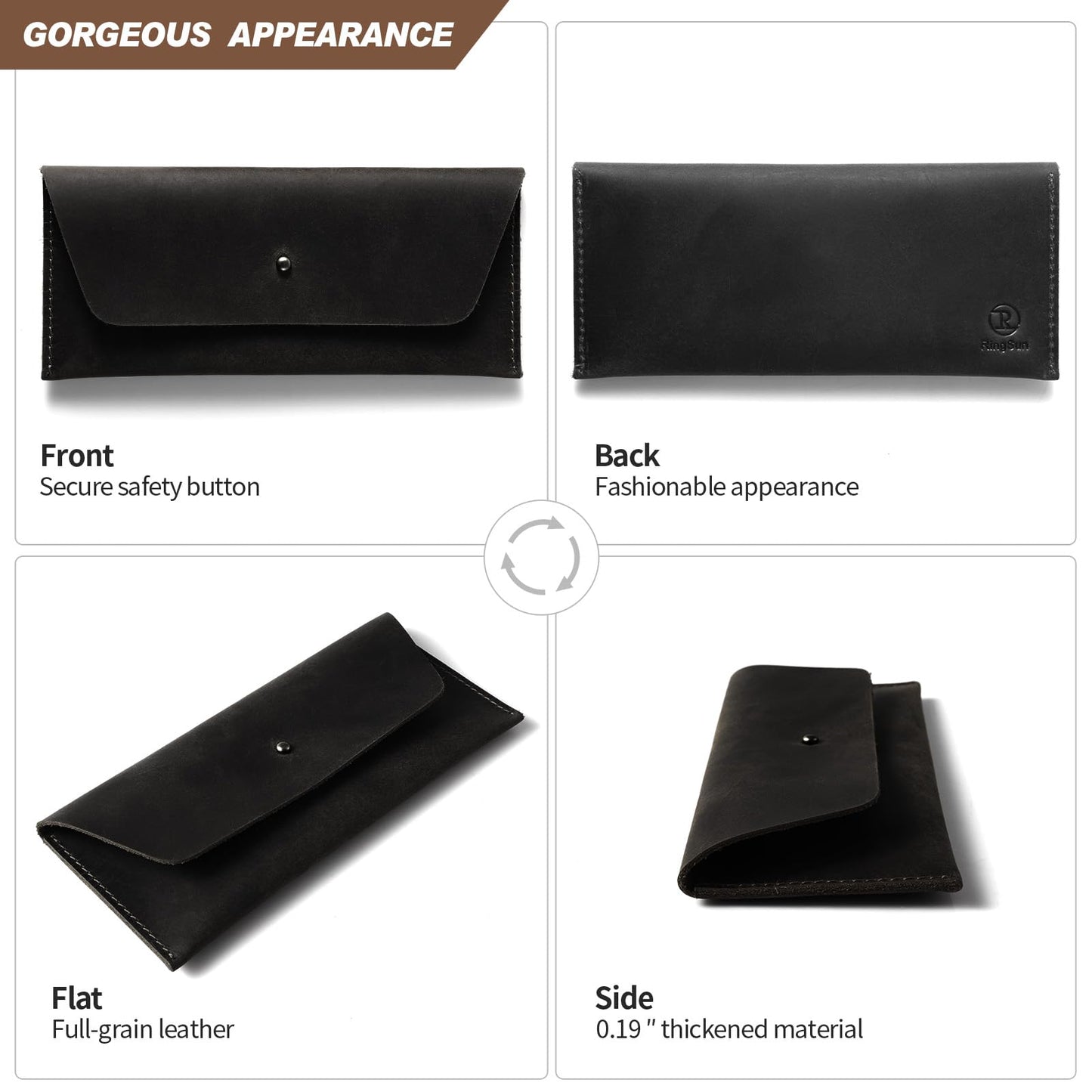 Ringsun Genuine Leather Cash Envelopes, Reusable Budget Envelope, Retro Clutch Wallet, Minimalist Wallet for Men & Women, Black