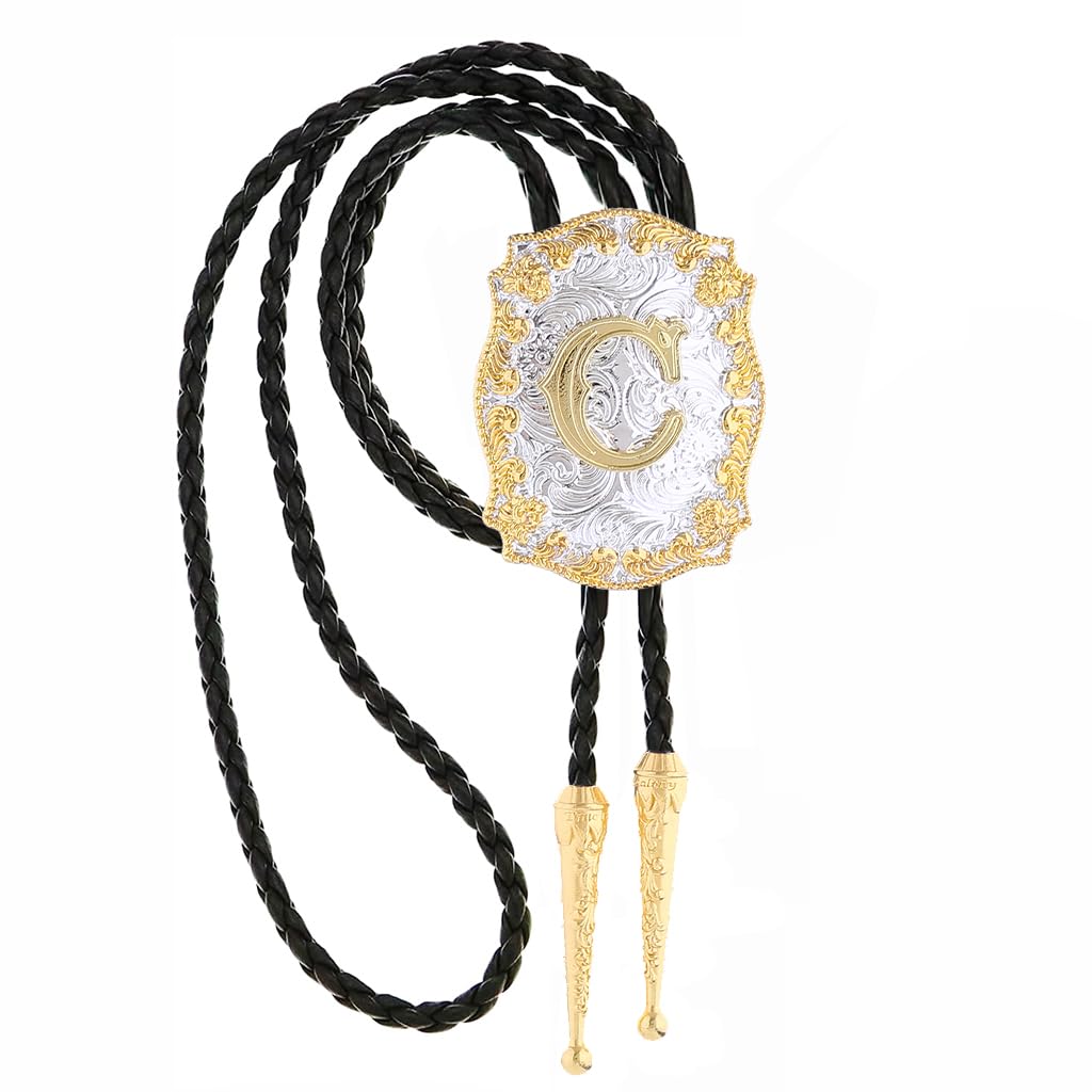 Fibbadet Bolo Tie for Men Initial Letters A-Z Bolo Tie Western Texas Rodeo Cowboy Golden Leather Necktie Necklace Costume Accessories for Husband Wife Halloween Christmas Wedding (C)